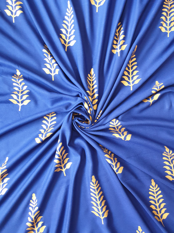 Gold Print Blue Rayon Fabric