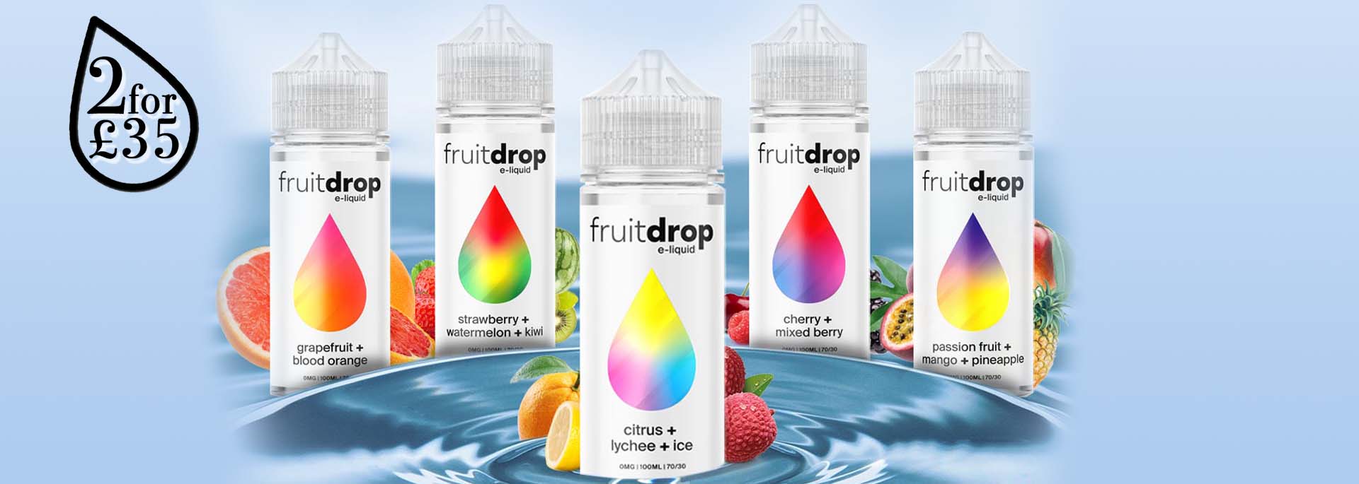Fruit Drop Vape E-Liquid Banner, Fruit Drop is a Vape Brand made in the UK and stocked at London Vape House which is a Vape Shop in London, Holborn and Richmond, with products available to Buy Onlin 