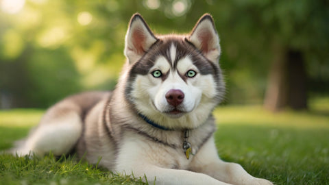 Siberian Husky with blue eyes sitting on a field
