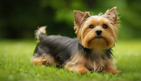 small dog Yorkshire Terrier on a field