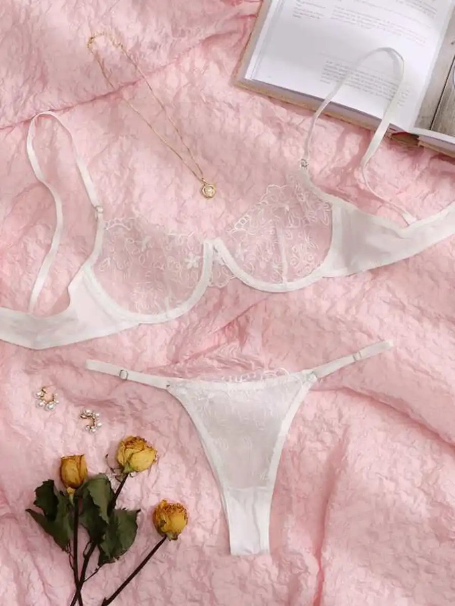Sheer Mesh Embroidered Underwire Lingerie Set