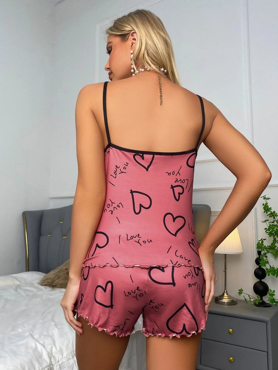 Slogan Print Contrast Binding Lettuce Trim Set