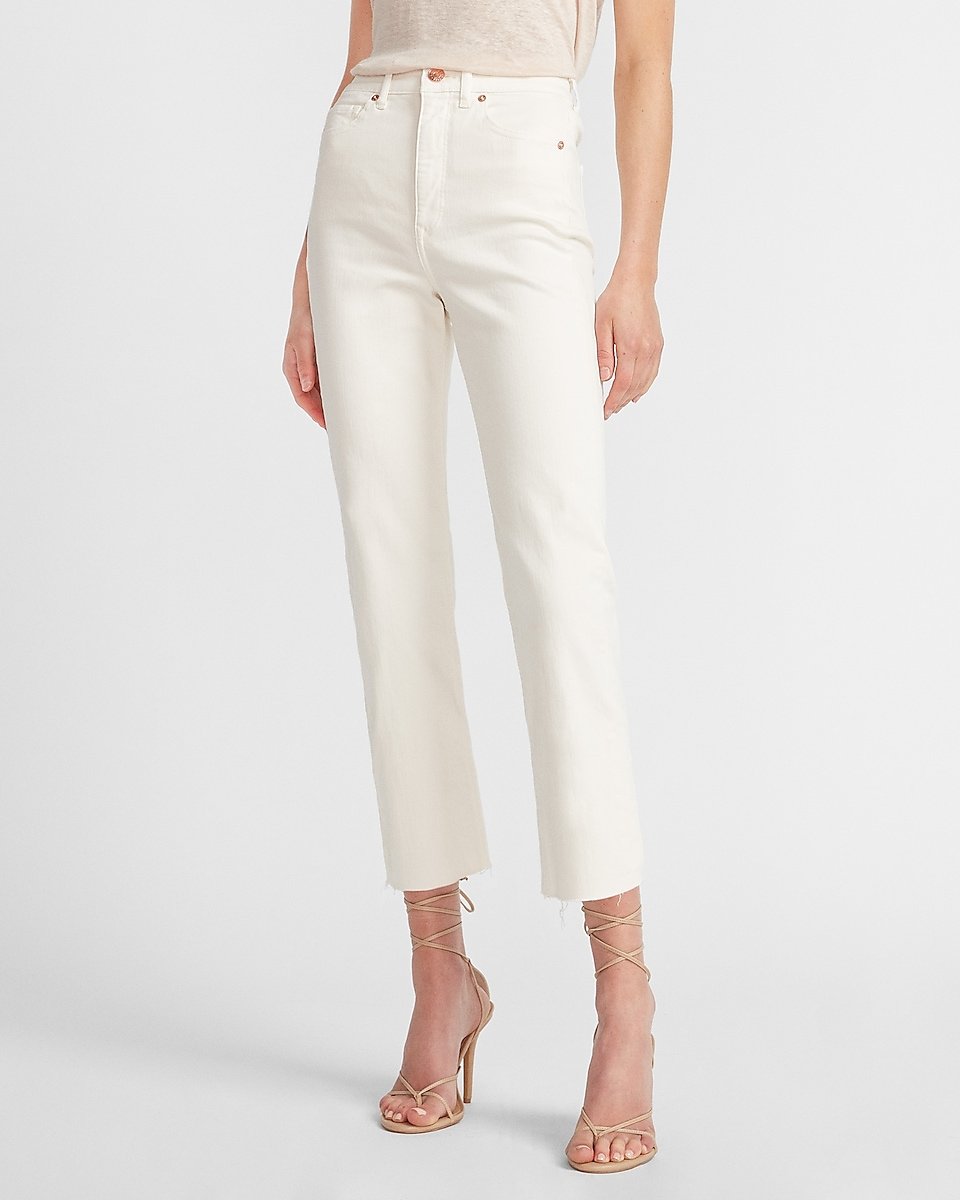 Express | Super High Waisted Off-White Raw Hem Straight Jeans in ...