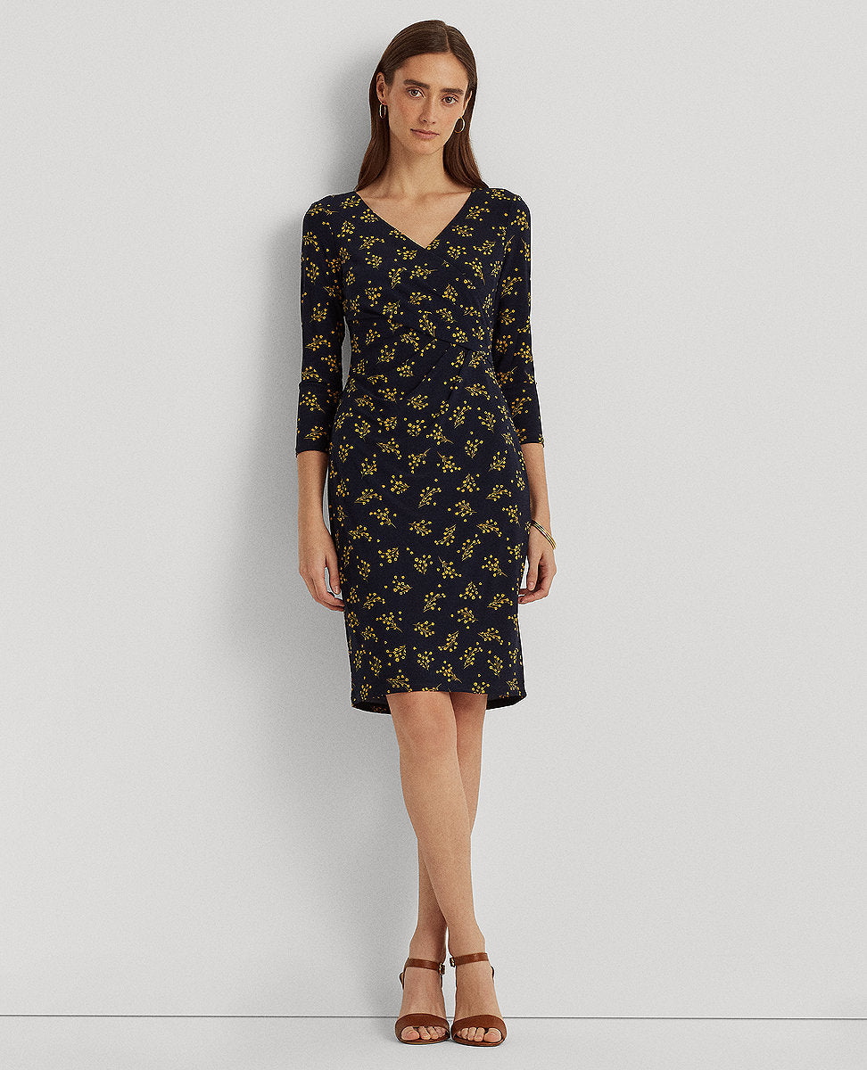 Lauren Ralph Lauren | Floral Jersey Surplice Dress In Navy/Gold | Teacher  Style Box