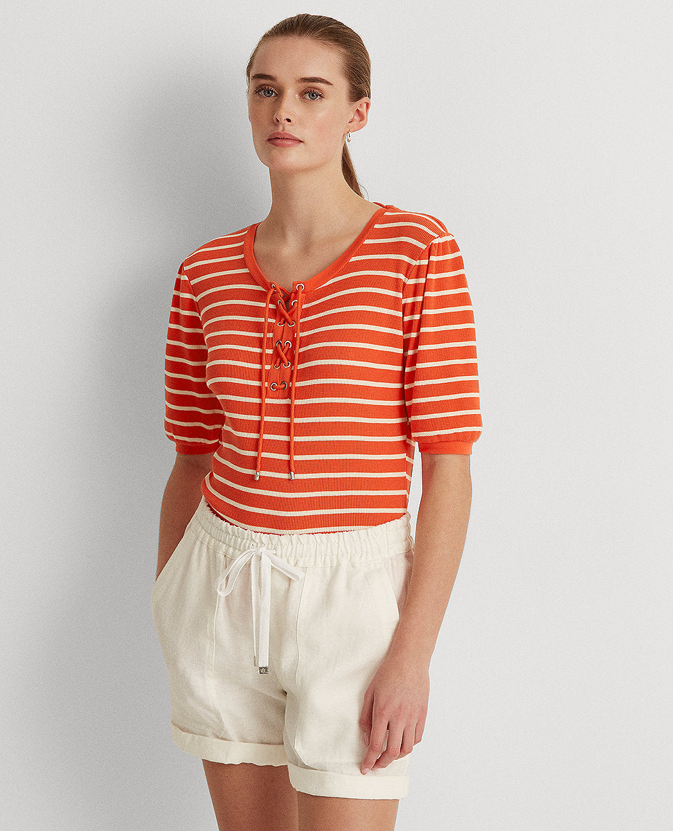 Lauren Ralph Lauren | Striped Waffle-Knit Puff-Sleeve Top In