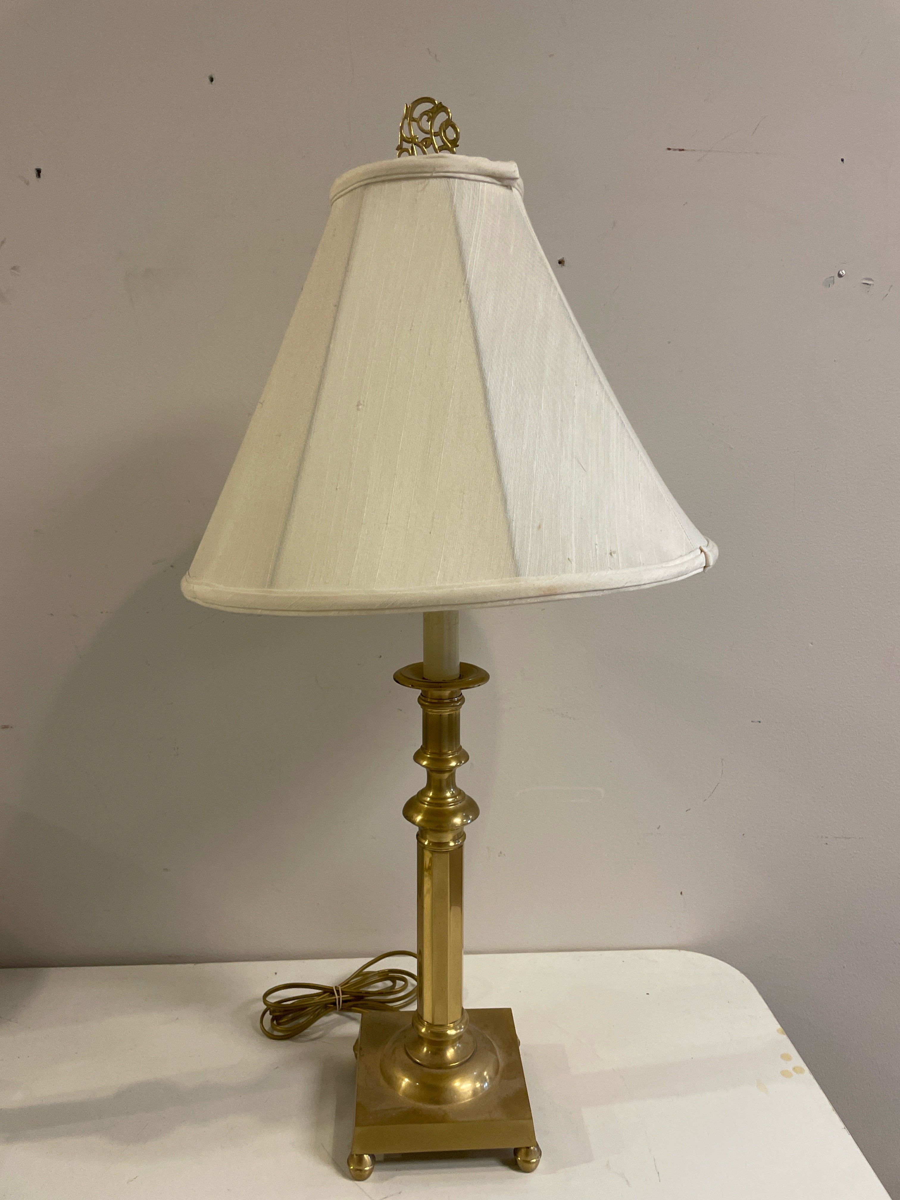 Brass Lamp with Decorative Finial & Cream Shade
