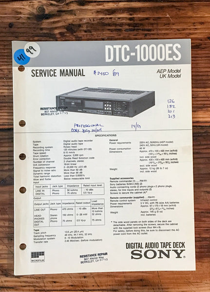 Sony DTC-1000ES DAT Tape Deck Service Manual *Original*