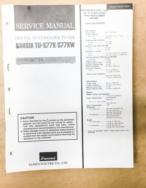 Sansui TU-S77X TU-S77XW Tuner Service Manual *Original* – Vintage Audio ...