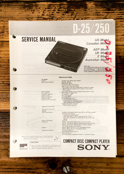 Sony D-25 D-250 CD Player / Discman Service Manual *Original*