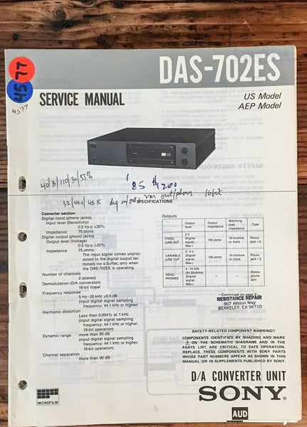 Sony DAS-702ES D/A Converter Service Manual *Original* – Vintage