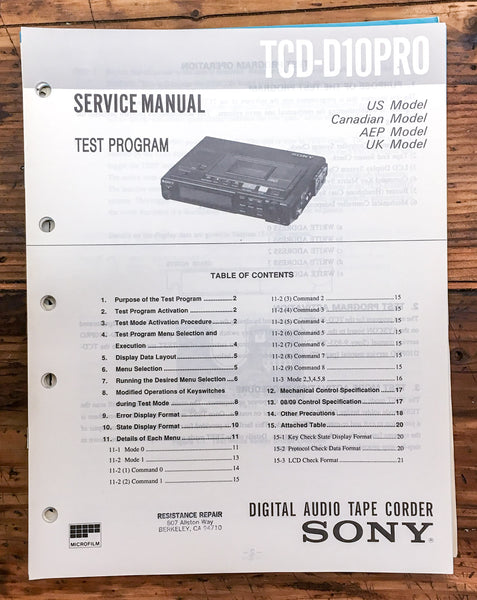 Sony TCD-D10PRO TCD-D10 Pro Cassette Test Program' Service Manual