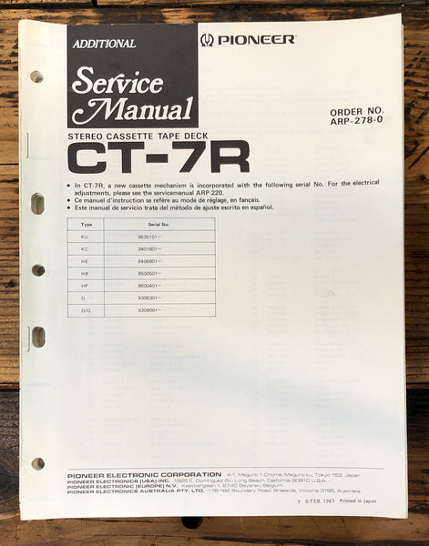 Pioneer CT-7R Cassette Add. Service Manual *Original*