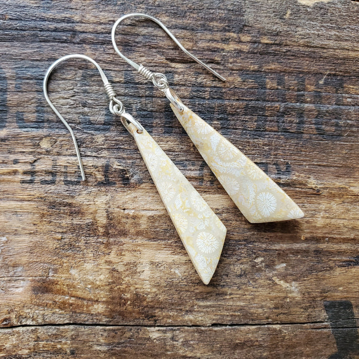 Fossil coral hanging on sterling silver ear wires. 