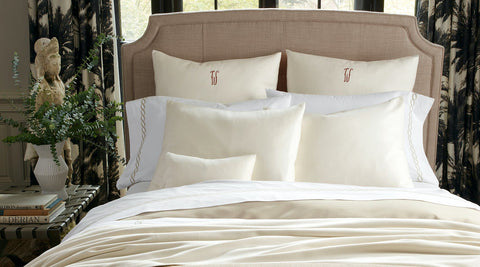 Matouk Dream Modal Bed in Oyster with Monogram, shown with Elliot in Linen and Classic Chain in Almond
