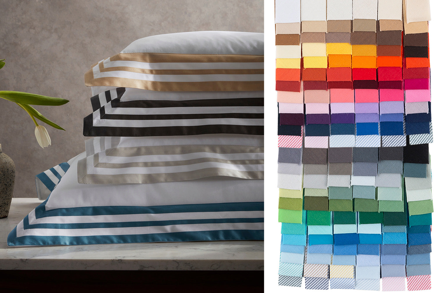 Matouk Applique on Allegro Bedding (left) and available Tape Color Samples (right)