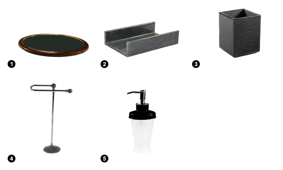 Mike and Ally (1) Oval Vanity Mirror - Carved Chestnut (2) Flat Towel Holder - Platinum (3) Makeup Brush Holder - Platinum (4) Hand Towel U-Stand - Platinum (5) Metal Lotion Pump - Black