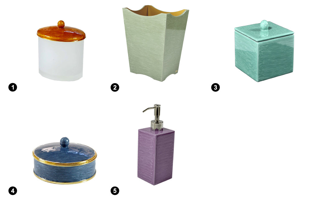 Mike+Ally (1) Oval Q-Tip Container - Shine (2) Scalloped Basket - White Jade (3) Container - Aqua (4) Jewelry Box - French Blue (5) Lotion Pump - Seafog Purple