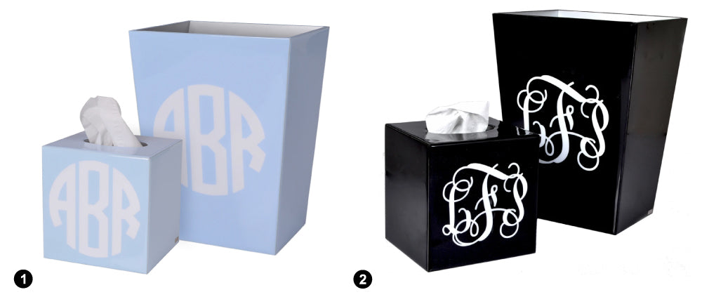 Mike+Ally Tissue Boutique and Waste Basket in Blue Ice with 3 Letter Circle Monogramming, Tissue Boutique and Waste Basket in Black with 3 Letter Script Monogramming