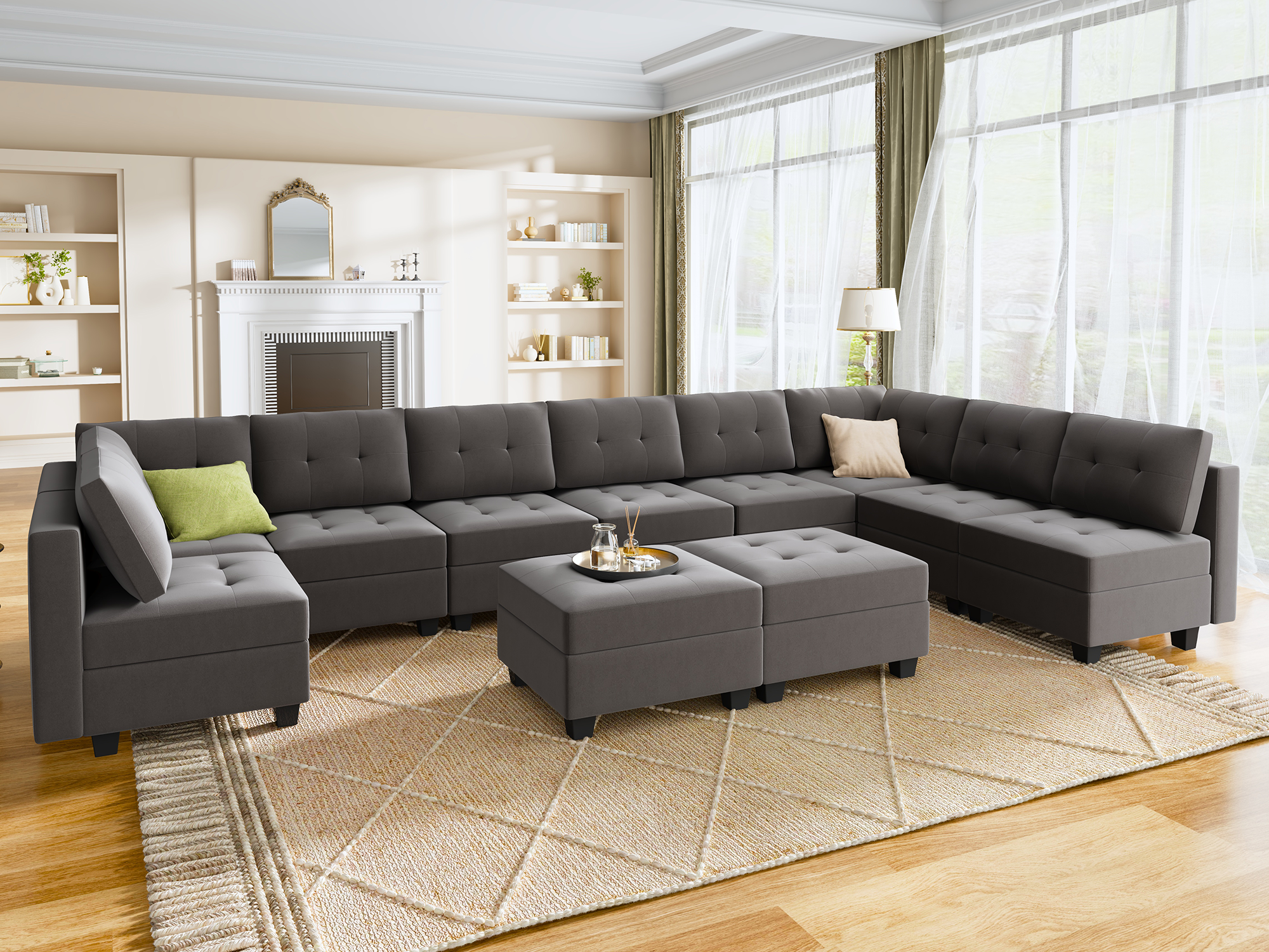 HONBAY Velvet Sectional Sofa Couch Set with Chaise and Tufted Back Cushions  for Living Room, Dull Grey 