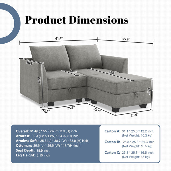 3-Piece Polyester Modular Sectional With Storage Seat with its measurements