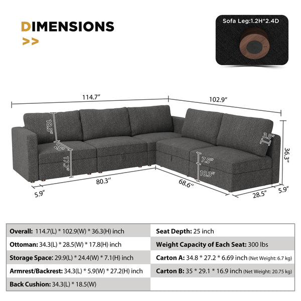 polyester modular sectional with its dimensions