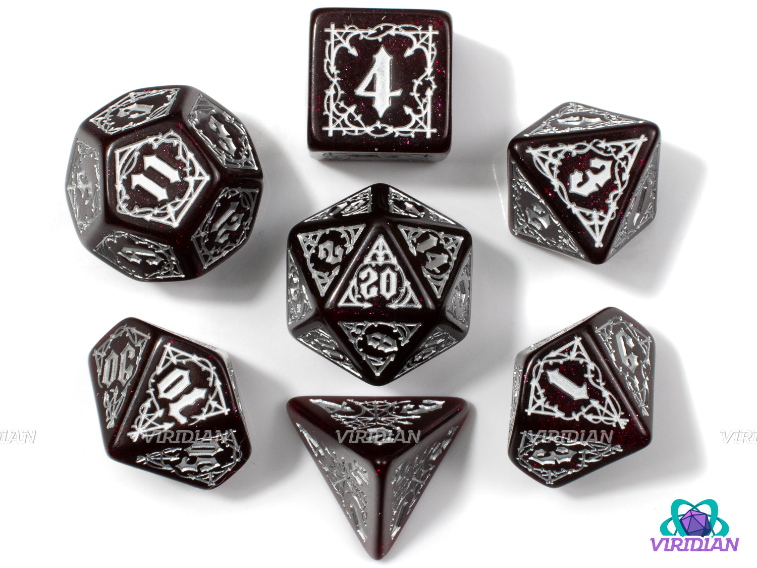 Bloodsucker: Scarlet | Shimmering Crimson Red & Silver, Vampire Theme | Q Workshop | Acrylic Dice Set (7)