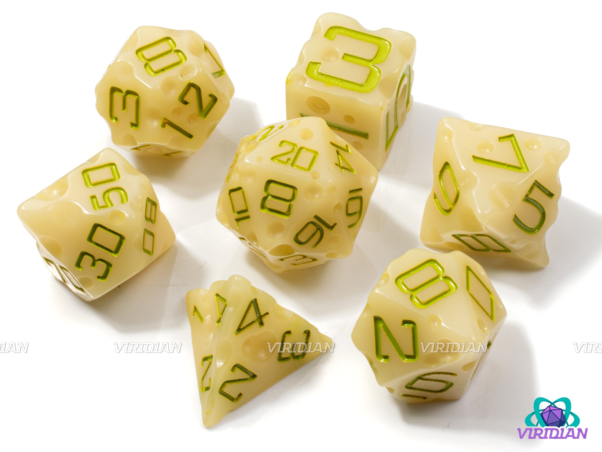 Oops! Moldy Cheese | Spoiled Dice, Rotten Olive Green, White-Light Yellow w Swiss "Holes", Spoiled, Lactose-Free | Resin Dice Set (7)