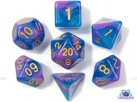 Wizard's Cloak | Blue, Purple Glittery Acrylic Dice Set (7) | Dungeons and Dragons (DnD)