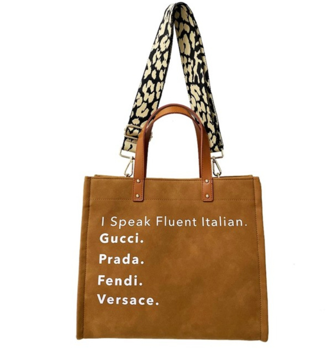 I Speak Fluent Italian Brown Suede Tote Bag | Sassie Girl Fashion