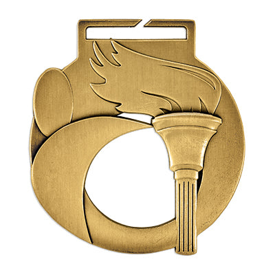 Silhouette figure, flaming torch, gold medal