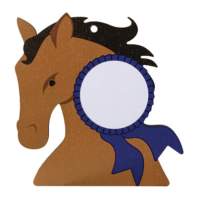 Tan horse head with blue rosette, custom insert birchwood medal