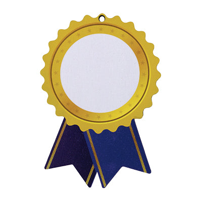 Gold rosette, blue streamers, custom insert birchwood medal