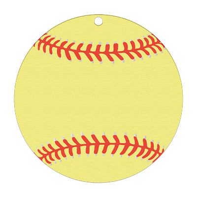 Neon yellow softball with red stitches, custom insert birchwood medal