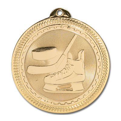 Hockey stick, skate, puck, gold medal