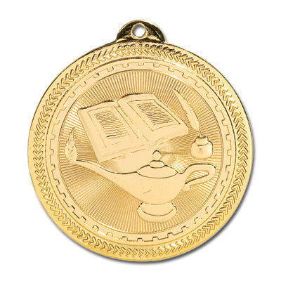 Lamp, open book, quill, gold medal