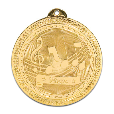 Music notes, G-clef, gold medal