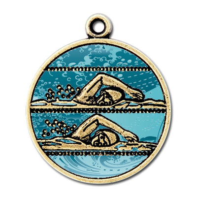 Double swimmers with wave color background, gold medal