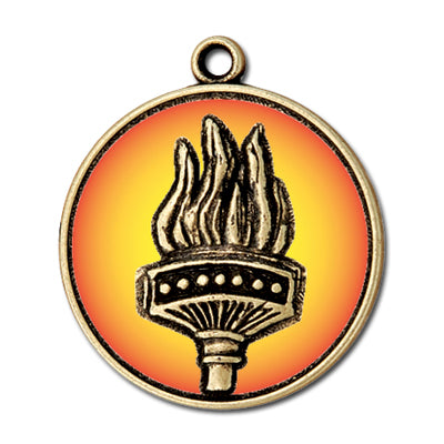 Torch with fire gradient background, gold medal