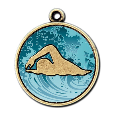 Single swimmer with wave color background, gold medal