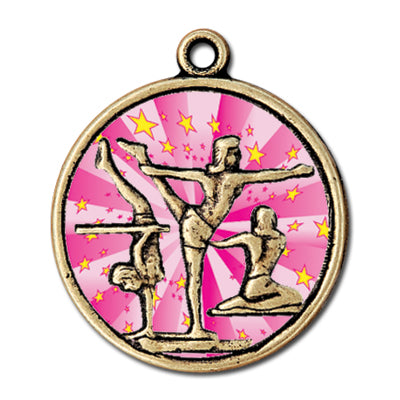 Female gymnasts with pink gradient background, gold medal