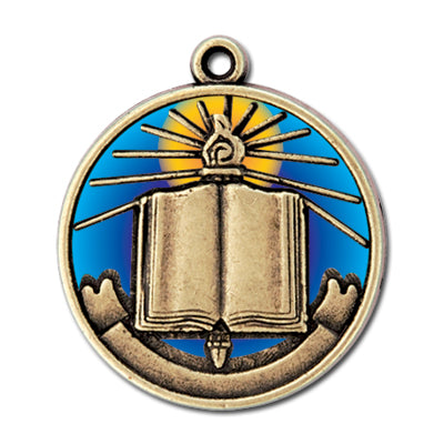 Open book with banner and torch, blue/purple gradient, gold medal