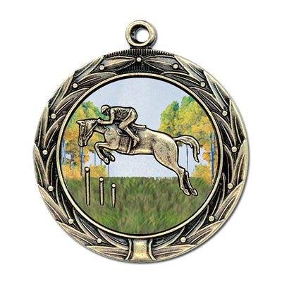 on Horse jumper with rider on meadow background, gold medal