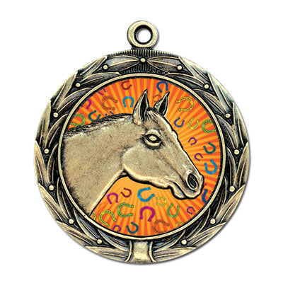 Horse head with horseshoe orange gradient background, gold medal