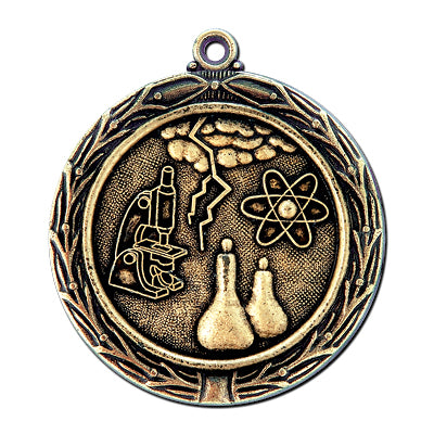 Science items, atom, gold medal