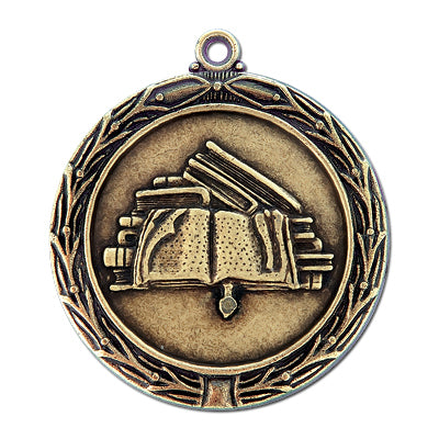 Open book with stack of books, gold medal