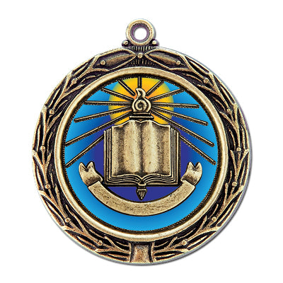Open book with banner, flame, blue/purple gradient, gold medal