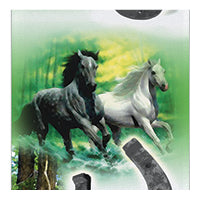 Horses running in forest background with horseshoes