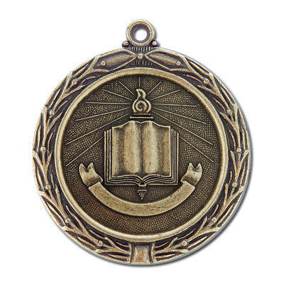 Open book with banner and torch, gold medal
