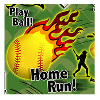 Softball game swatch, flaming softball, player silhouettes, home run