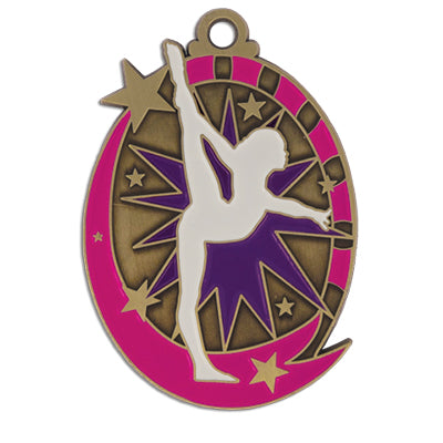 Gymnast silhouette, purple starburst, pink banner, stars, gold medal